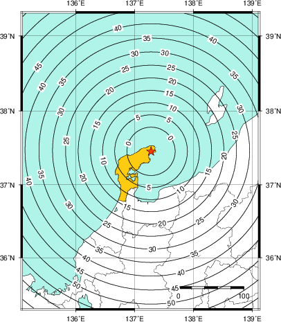 緊急地震速報（警報）第1報を発表した地域及び主要動到達までの時間