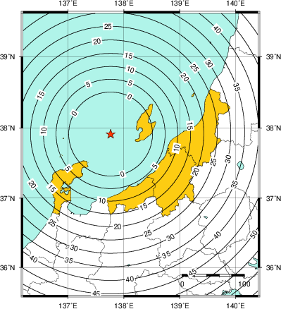 緊急地震速報（警報）第1報を発表した地域及び主要動到達までの時間