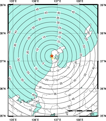 緊急地震速報第1報提供から主要動到達までの時間及び推計震度分布図