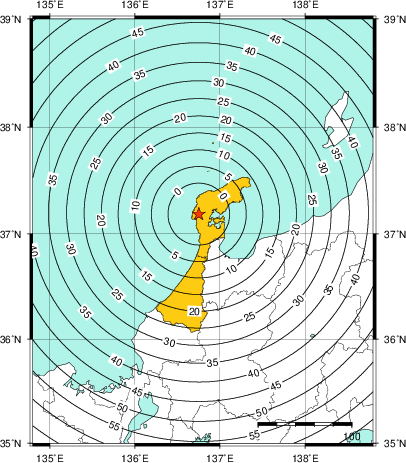 緊急地震速報（警報）第1報を発表した地域及び主要動到達までの時間