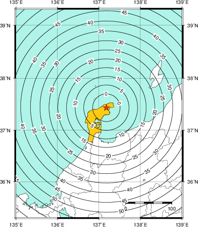 緊急地震速報（警報）第1報を発表した地域及び主要動到達までの時間