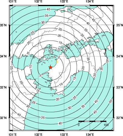 緊急地震速報第1報提供から主要動到達までの時間及び推計震度分布図