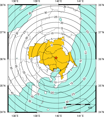 緊急地震速報（警報）第1報を発表した地域及び主要動到達までの時間