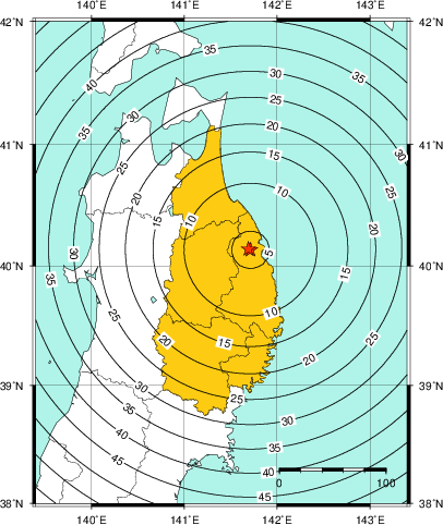 緊急地震速報（警報）第1報を発表した地域及び主要動到達までの時間