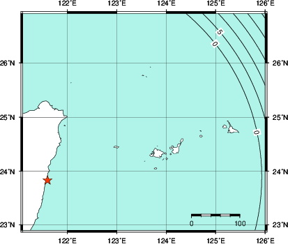 緊急地震速報第1報提供から主要動到達までの時間及び推計震度分布図