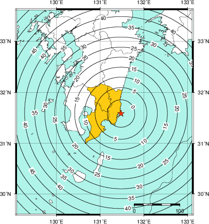 緊急地震速報（警報）第1報を発表した地域及び主要動到達までの時間