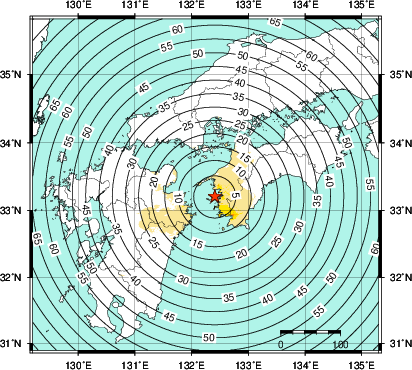 緊急地震速報第1報提供から主要動到達までの時間及び推計震度分布図