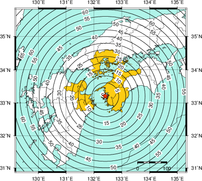 緊急地震速報（警報）第1報を発表した地域及び主要動到達までの時間