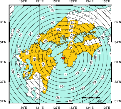 緊急地震速報（警報）第2報を発表した地域及び主要動到達までの時間