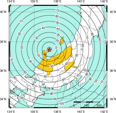 緊急地震速報（警報）第1報を発表した地域及び主要動到達までの時間