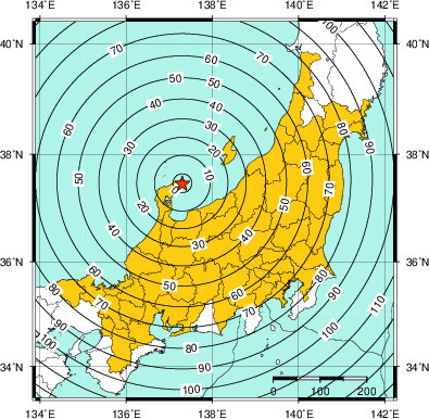 緊急地震速報（警報）第2報を発表した地域及び主要動到達までの時間