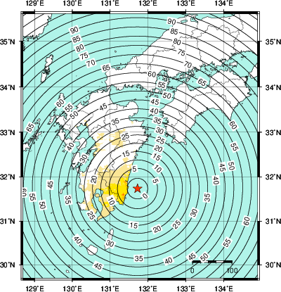 緊急地震速報第1報提供から主要動到達までの時間及び推計震度分布図