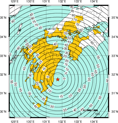 緊急地震速報（警報）第1報を発表した地域及び主要動到達までの時間