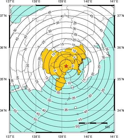 緊急地震速報（警報）第1報を発表した地域及び主要動到達までの時間