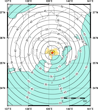 緊急地震速報第1報提供から主要動到達までの時間及び推計震度分布図
