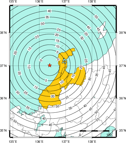 緊急地震速報（警報）第1報を発表した地域及び主要動到達までの時間