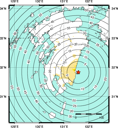 緊急地震速報第1報提供から主要動到達までの時間及び推計震度分布図