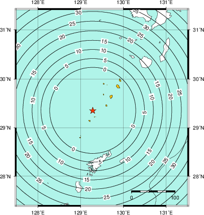 緊急地震速報(警報)第1報を発表した地域及び主要動到達までの時間