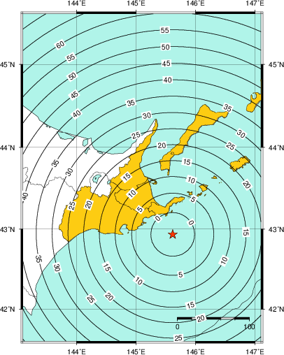 緊急地震速報(警報)第1報を発表した地域及び主要動到達までの時間