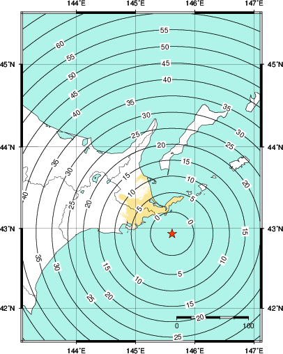 緊急地震速報第1報提供から主要動到達までの時間及び推計震度分布図