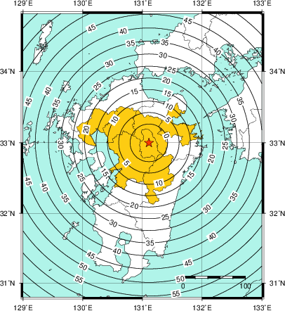 緊急地震速報(警報)第1報を発表した地域及び主要動到達までの時間