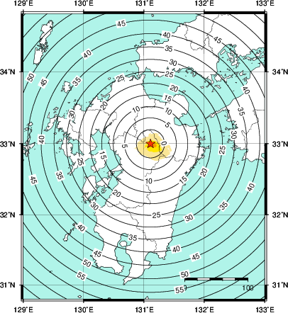 緊急地震速報第1報提供から主要動到達までの時間及び推計震度分布図