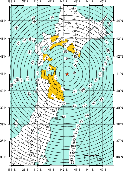 緊急地震速報(警報)第1報を発表した地域及び主要動到達までの時間
