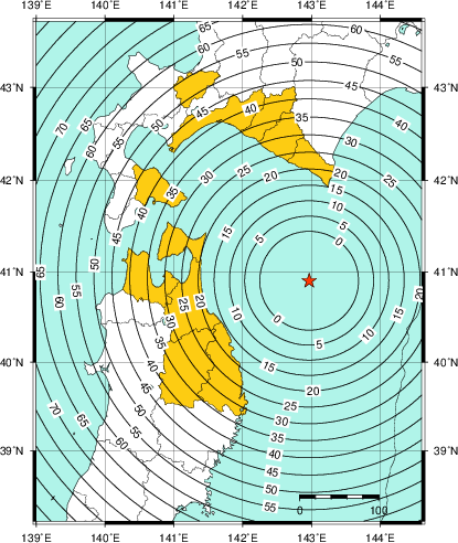 緊急地震速報(警報)第1報を発表した地域及び主要動到達までの時間