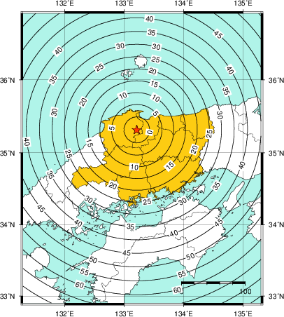緊急地震速報(警報)第1報を発表した地域及び主要動到達までの時間