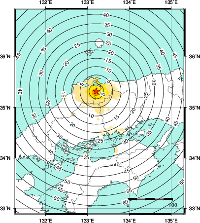 緊急地震速報第1報提供から主要動到達までの時間及び推計震度分布図