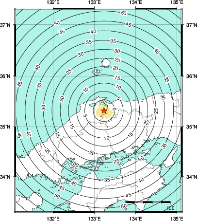 緊急地震速報第1報提供から主要動到達までの時間及び推計震度分布図