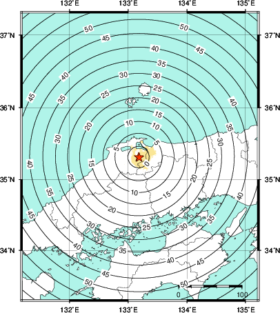 緊急地震速報第1報提供から主要動到達までの時間及び推計震度分布図