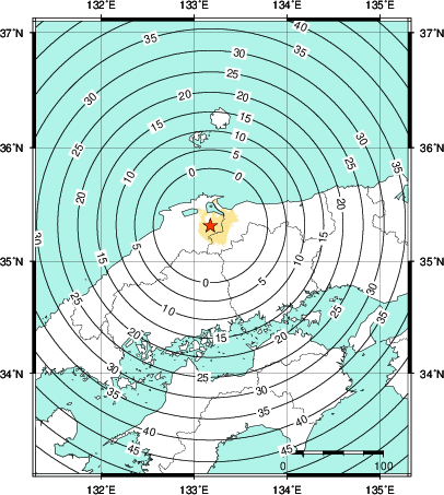 緊急地震速報第1報提供から主要動到達までの時間及び推計震度分布図