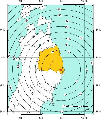 緊急地震速報(警報)第1報を発表した地域及び主要動到達までの時間