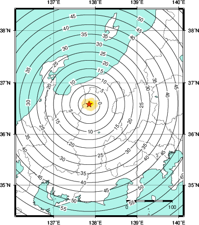 緊急地震速報第1報提供から主要動到達までの時間及び推計震度分布図