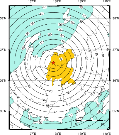 緊急地震速報(警報)第1報を発表した地域及び主要動到達までの時間