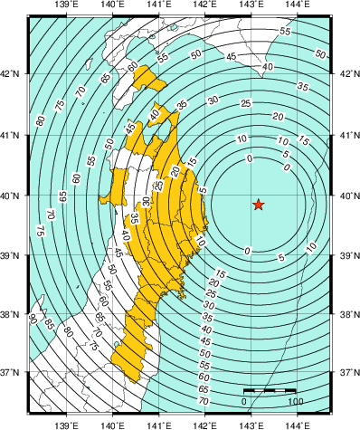 緊急地震速報(警報)第1報を発表した地域及び主要動到達までの時間