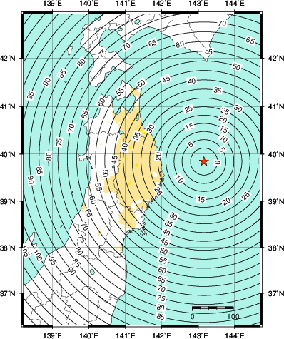 緊急地震速報第1報提供から主要動到達までの時間及び推計震度分布図