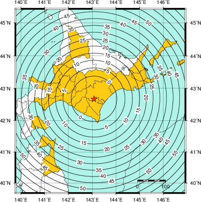 緊急地震速報(警報)第1報を発表した地域及び主要動到達までの時間