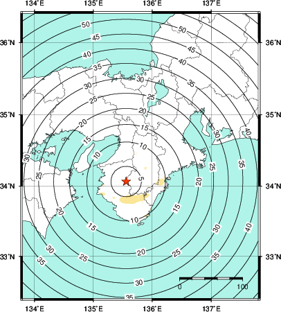 緊急地震速報第1報提供から主要動到達までの時間及び推計震度分布図
