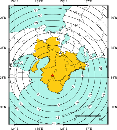 緊急地震速報(警報)第1報を発表した地域及び主要動到達までの時間