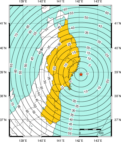 緊急地震速報(警報)第1報を発表した地域及び主要動到達までの時間