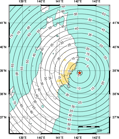 緊急地震速報第1報提供から主要動到達までの時間及び推計震度分布図