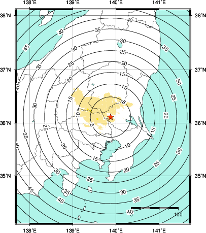 緊急地震速報第1報提供から主要動到達までの時間及び推計震度分布図