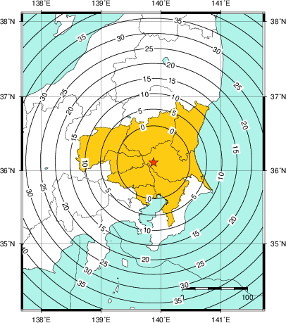 緊急地震速報(警報)第1報を発表した地域及び主要動到達までの時間