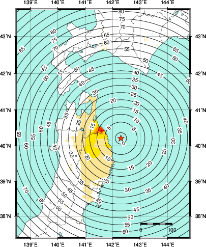 緊急地震速報第1報提供から主要動到達までの時間及び推計震度分布図
