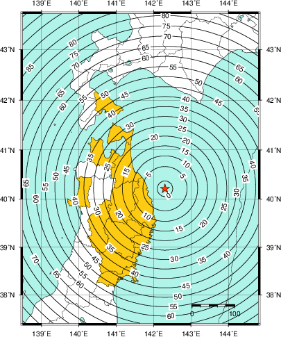 緊急地震速報(警報)第1報を発表した地域及び主要動到達までの時間