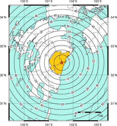 緊急地震速報(警報)第1報を発表した地域及び主要動到達までの時間
