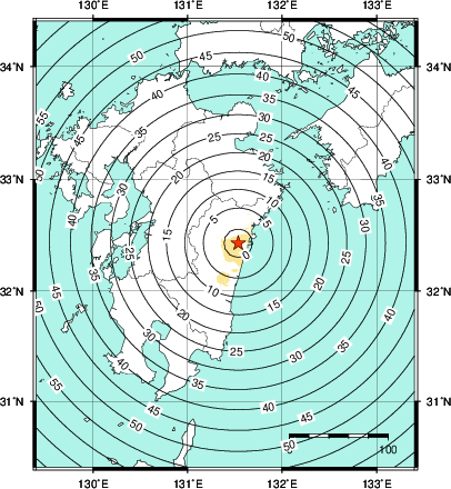 緊急地震速報第1報提供から主要動到達までの時間及び推計震度分布図