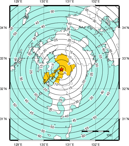 緊急地震速報(警報)第1報を発表した地域及び主要動到達までの時間